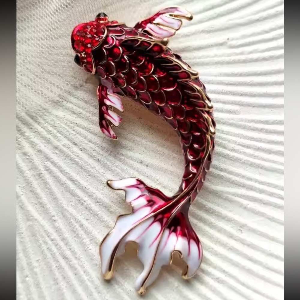Koi Fish Maroon Red Gold Enamel Brooch – Symbol of Luck & Prosperity